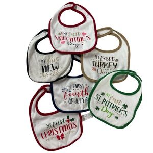(6) Holiday Themed “My First” Baby Bib Feeding Set 100% Cotton